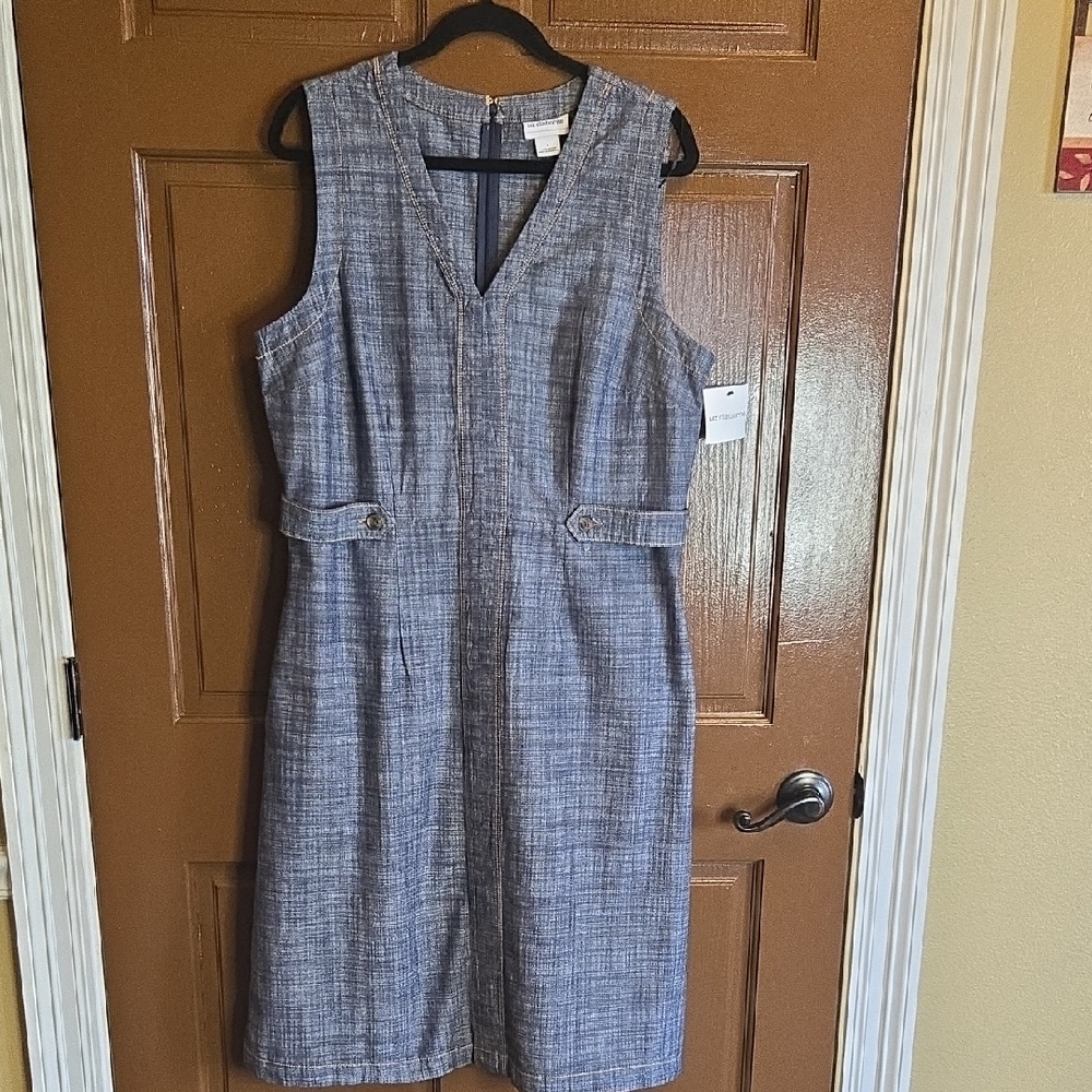 Liz Claiborne-Blue cotton denim V neck sleeveless dress with side bands Sz L NWT